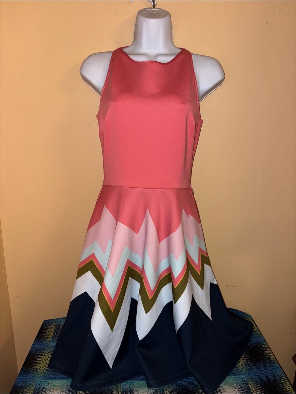Ted Baker Coral Pink Chevron Fit-and-Flare Dress
